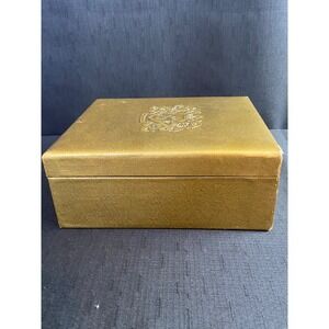 Vintage Gold Jewelry‎ Box Blue Velvet Lining Japan Hinged Metal Crest Design